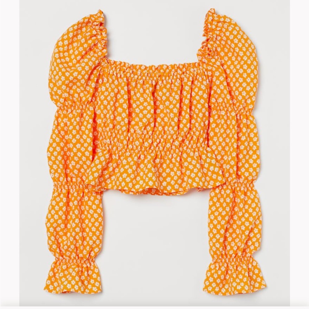 H&M orange floral square neck cropped top with puff sleeves.
